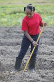 Jamyah Moore works to remove the weeds in the garden during the after school program.